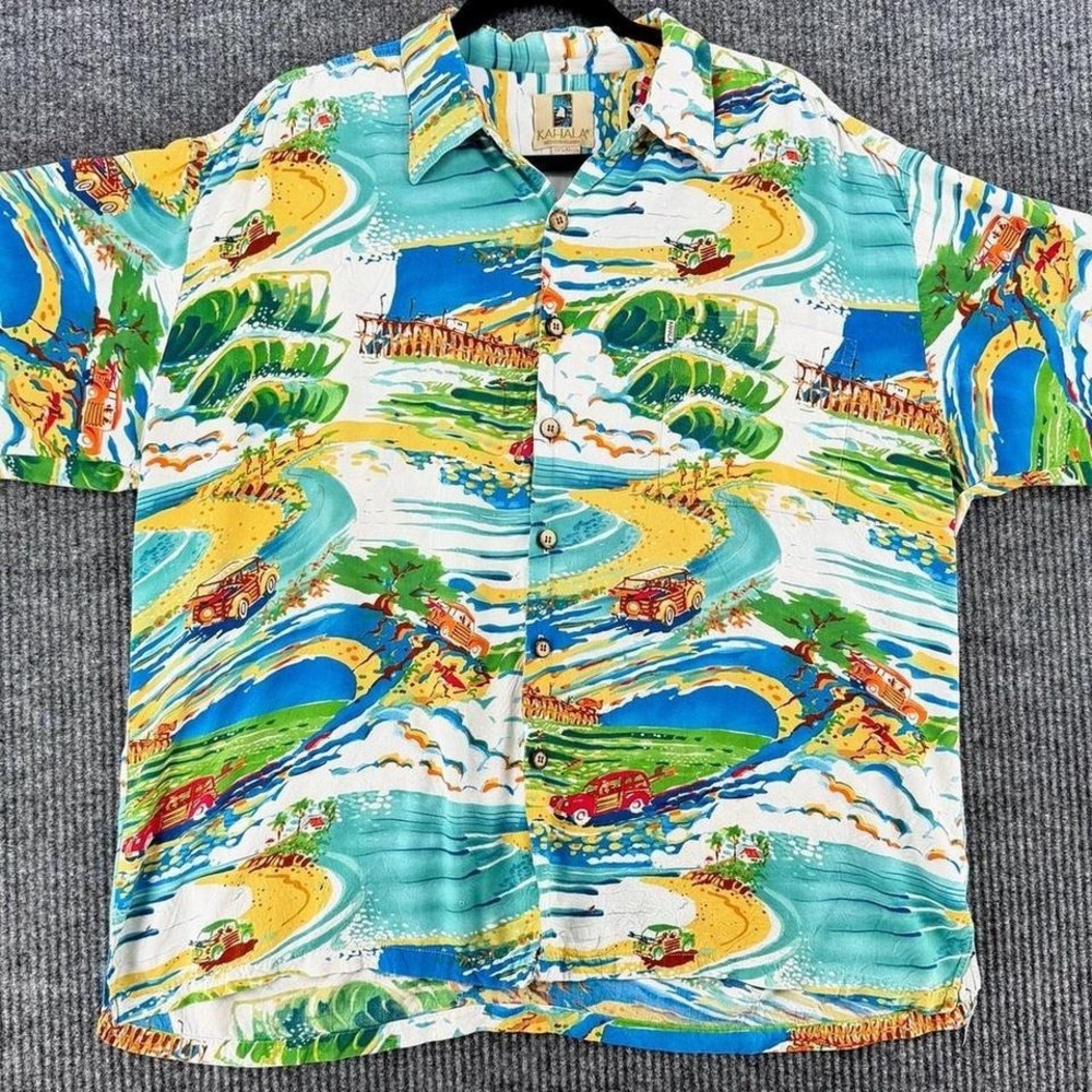 Kahala Hawaiian Shirt XL Vintage 90s  Made Hawaii Scenic Surf Car Rayon Aloha